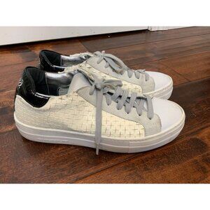 P448 White Cross Patterned Leather Lace-Up Low Top Sneakers, Size 8 | 38